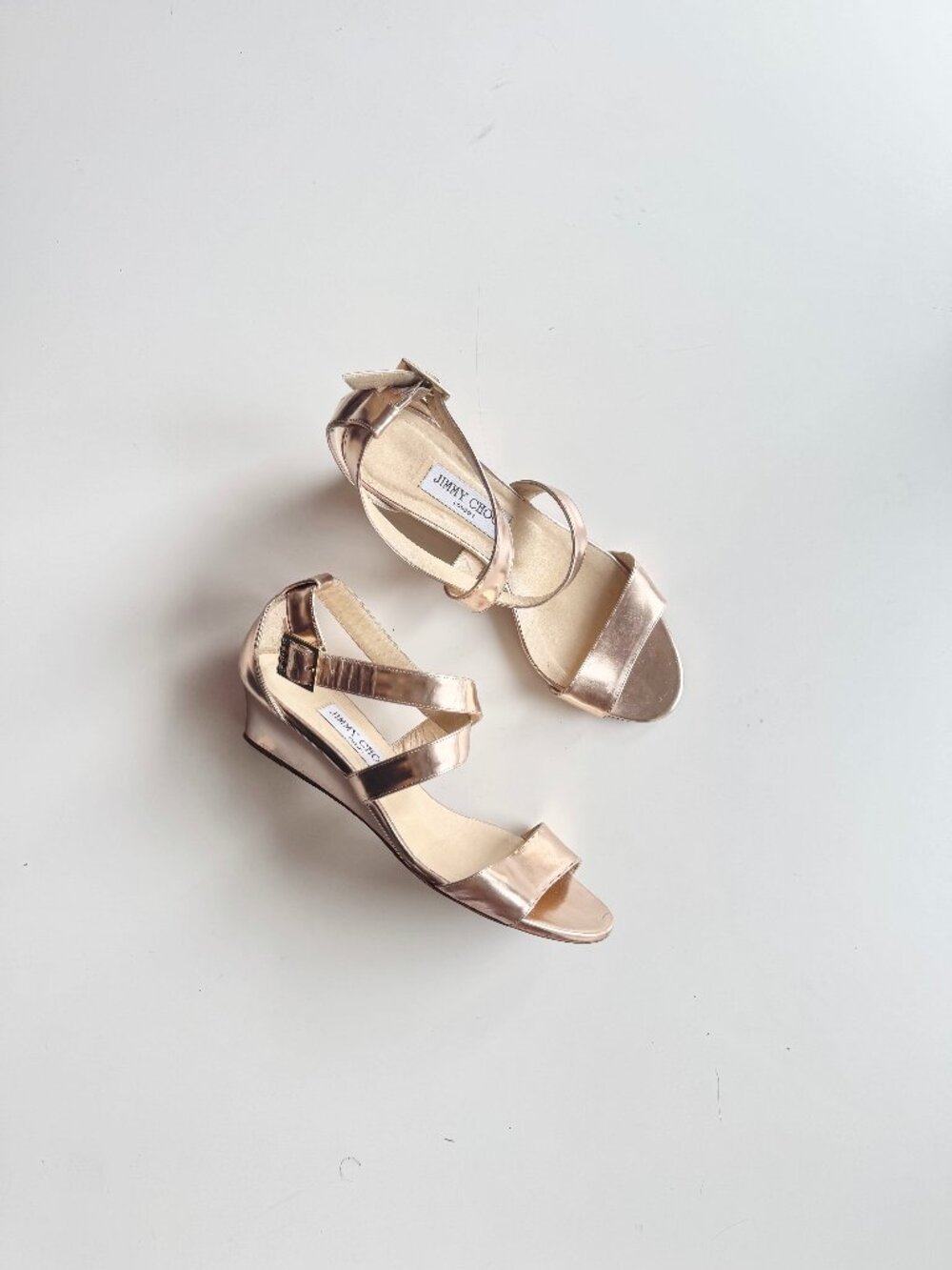 JIMMY CHOO Chiara Rose Gold Patent Leather Wraparound Wedge Sandals, Size 39.5